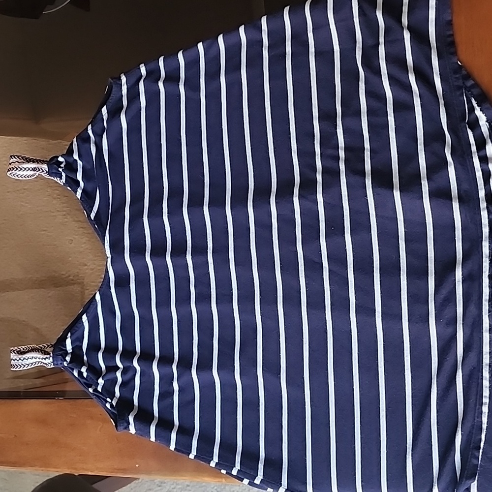 MAX STUDIO Navy & White Stripe Swing Tank with Embroidery Detail Size Small